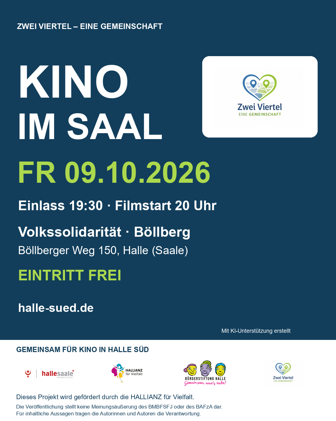 Plakat zum Kinoabend am 9. Oktober 2026 in der Begegnungsstätte Zur Fähre in Halle-Böllberg