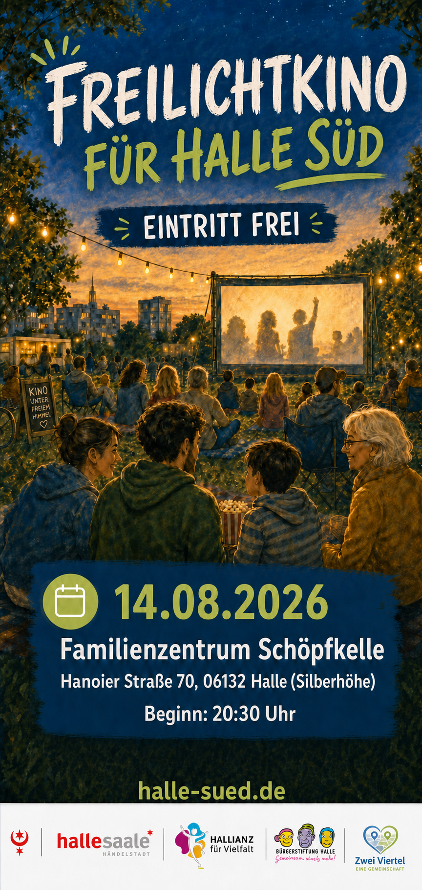 Poster zum Freilichtkino in Halle Süd am 14. August 2026, Beginn 20:30 Uhr
